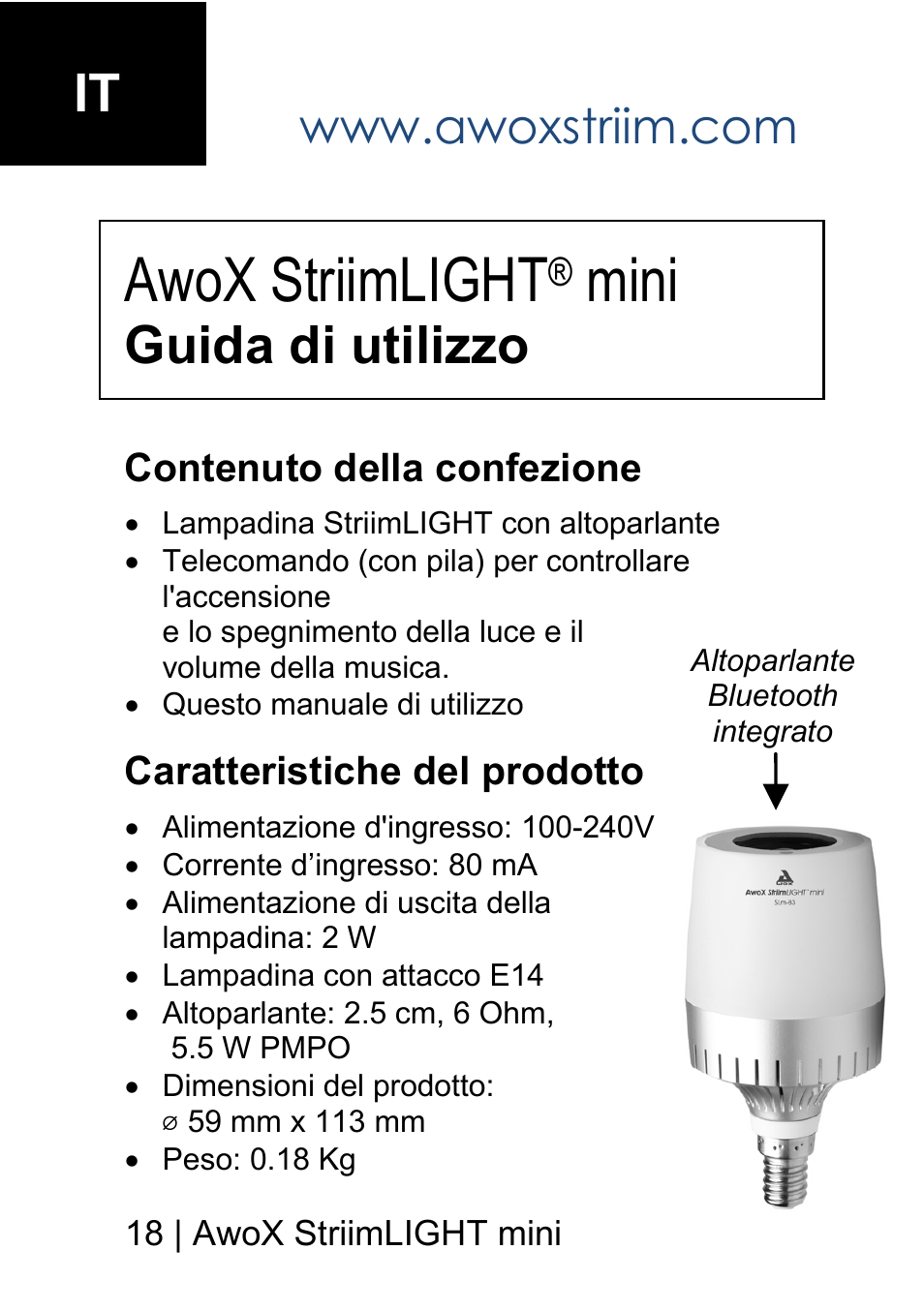 Awox striimlight, Mini, Guida di utilizzo | AwoX StriimLIGHT mini User Manual | Page 18 / 76