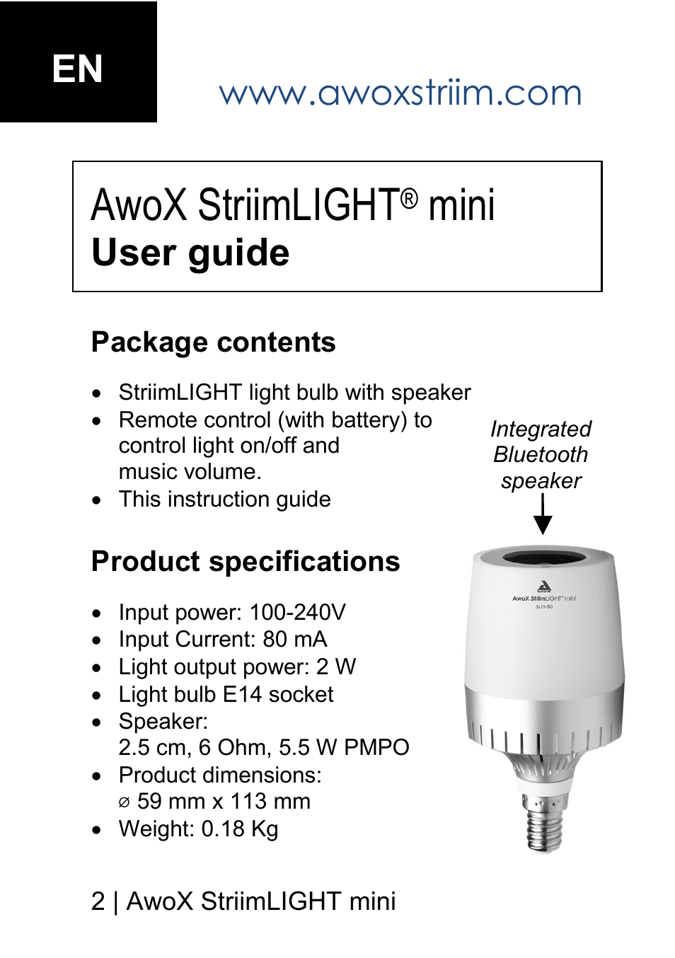 Awox striimlight, Mini, User guide | AwoX StriimLIGHT mini User Manual | Page 2 / 76