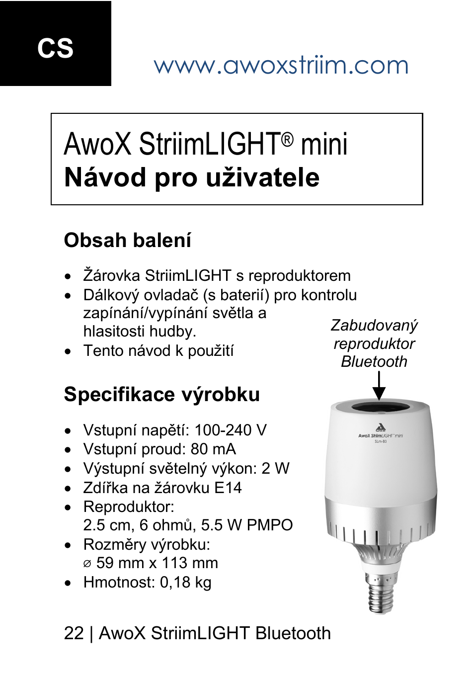 Awox striimlight, Mini, Návod pro uživatele | AwoX StriimLIGHT mini User Manual | Page 22 / 76