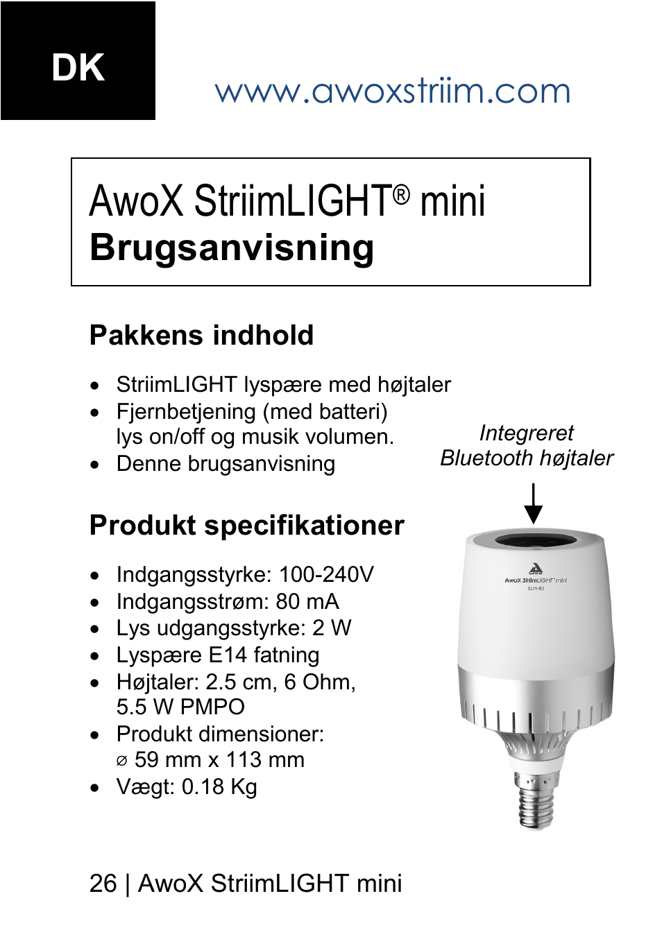 Awox striimlight, Mini, Brugsanvisning | AwoX StriimLIGHT mini User Manual | Page 26 / 76