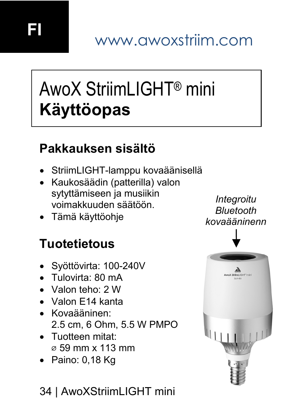 Awox striimlight, Mini, Käyttöopas | AwoX StriimLIGHT mini User Manual | Page 34 / 76