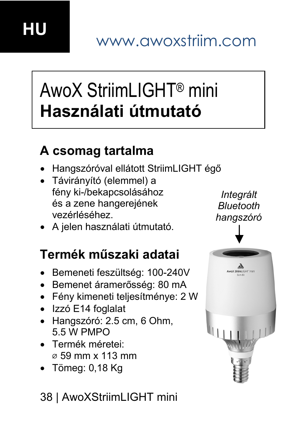 Awox striimlight, Mini, Használati útmutató | AwoX StriimLIGHT mini User Manual | Page 38 / 76