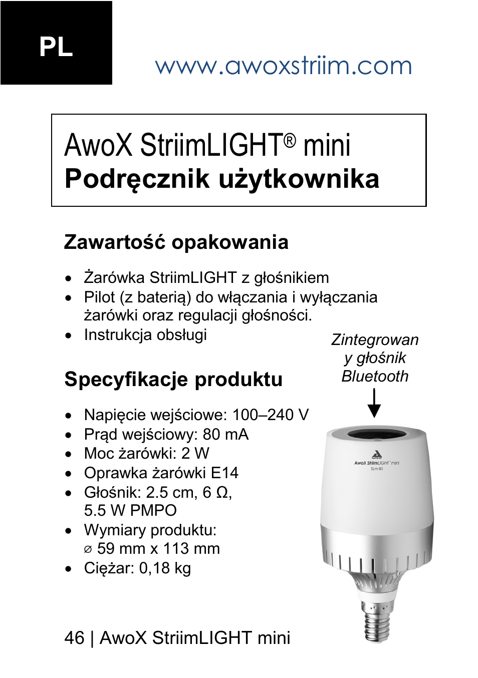 Awox striimlight, Mini, Podręcznik użytkownika | AwoX StriimLIGHT mini User Manual | Page 46 / 76