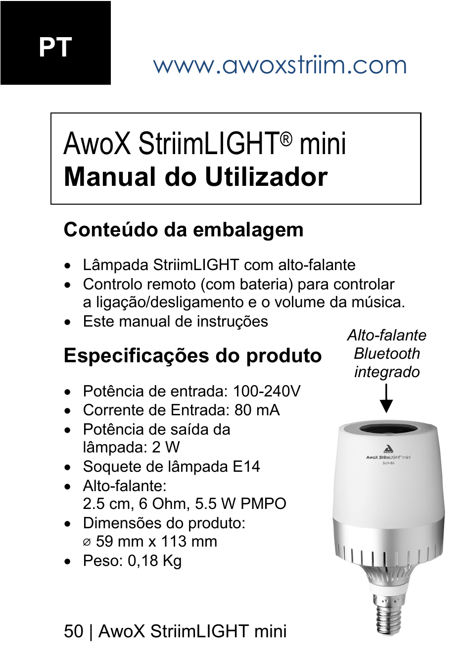 Awox striimlight, Mini, Manual do utilizador | AwoX StriimLIGHT mini User Manual | Page 50 / 76