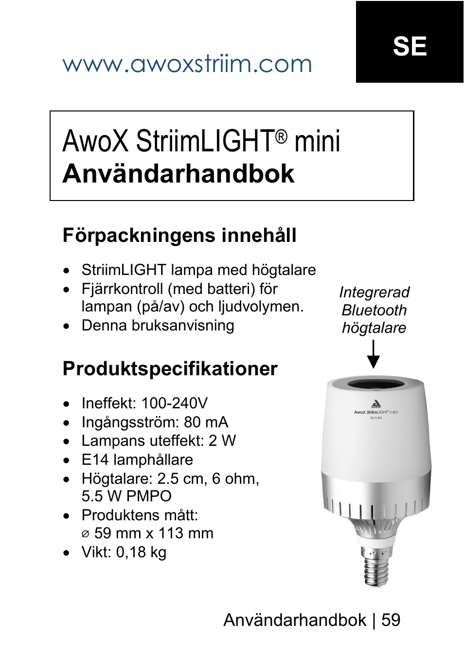 Awox striimlight, Mini, Användarhandbok | AwoX StriimLIGHT mini User Manual | Page 59 / 76
