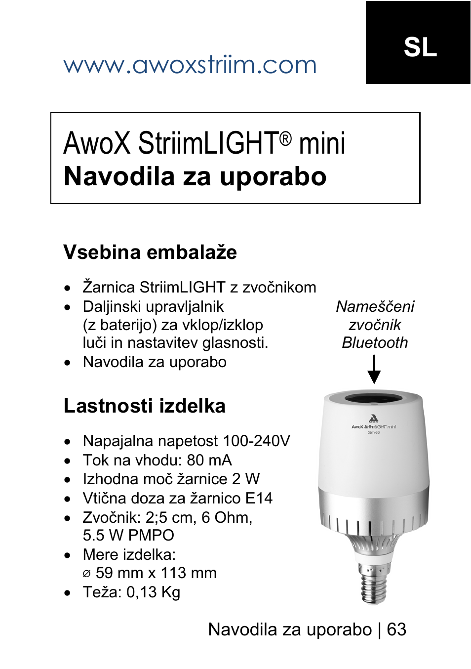 Awox striimlight, Mini, Navodila za uporabo | AwoX StriimLIGHT mini User Manual | Page 63 / 76
