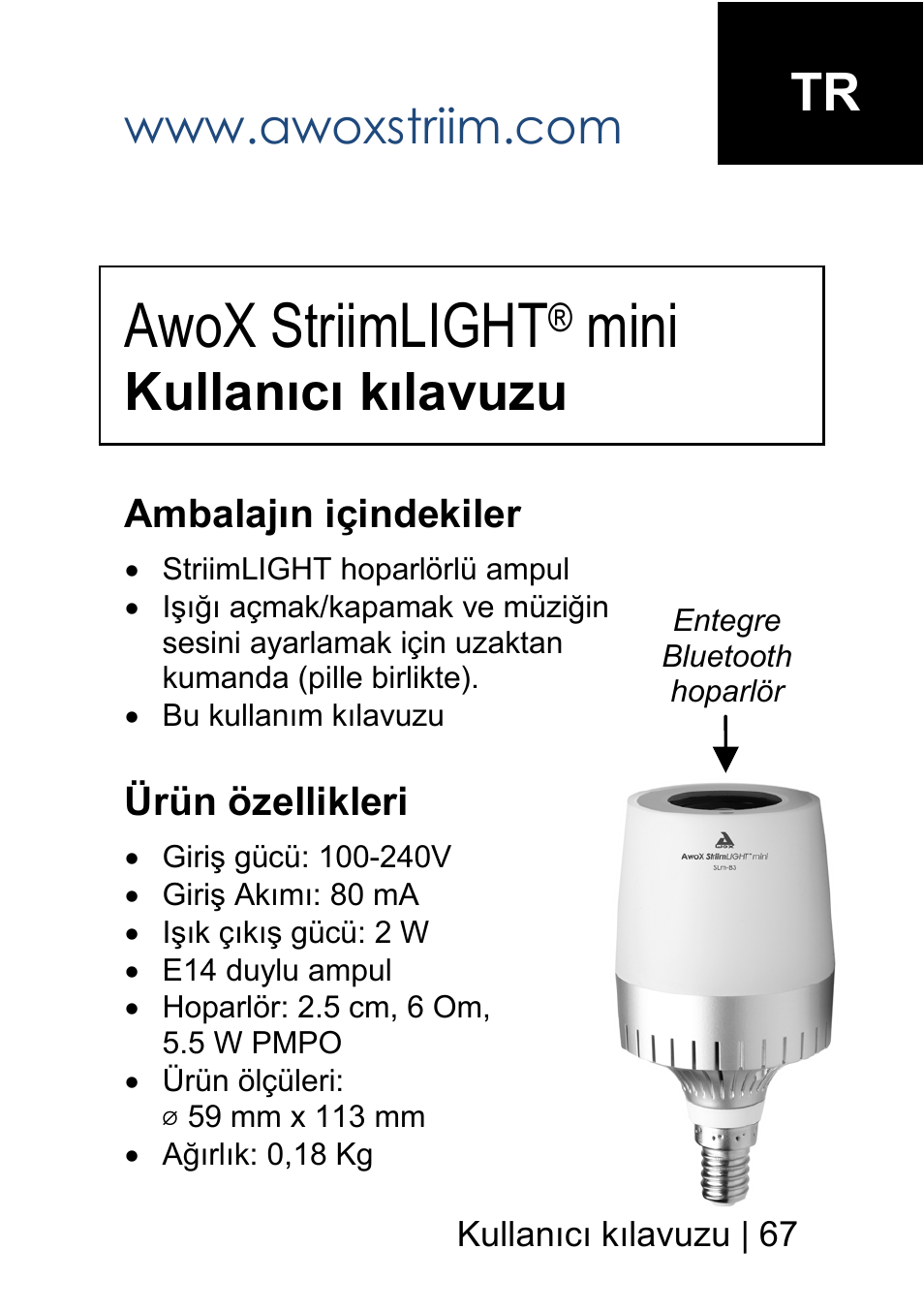 Awox striimlight, Mini, Kullanıcı kılavuzu | AwoX StriimLIGHT mini User Manual | Page 67 / 76