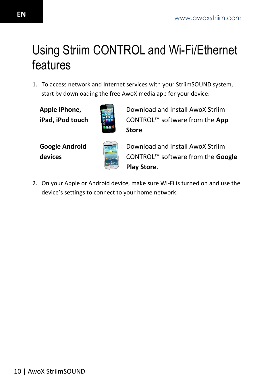 Using striim control and wi-fi/ethernet features | AwoX StriimSOUND User Manual | Page 10 / 48