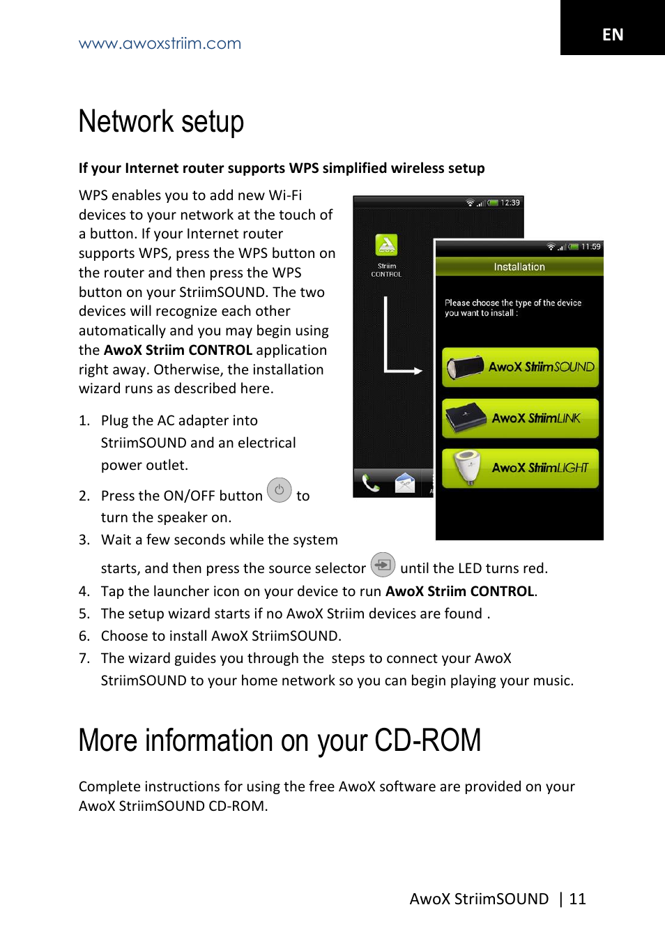 Network setup, More information on your cd-rom | AwoX StriimSOUND User Manual | Page 11 / 48