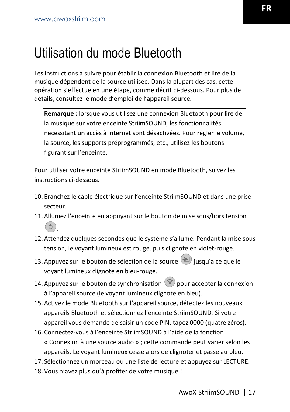Utilisation du mode bluetooth | AwoX StriimSOUND User Manual | Page 17 / 48