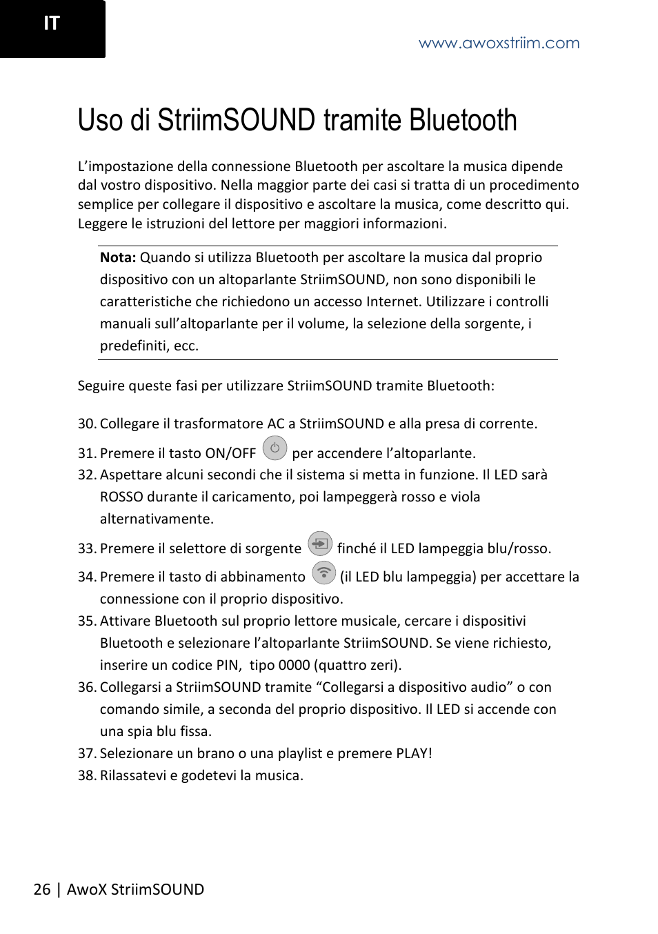 Uso di striimsound tramite bluetooth | AwoX StriimSOUND User Manual | Page 26 / 48