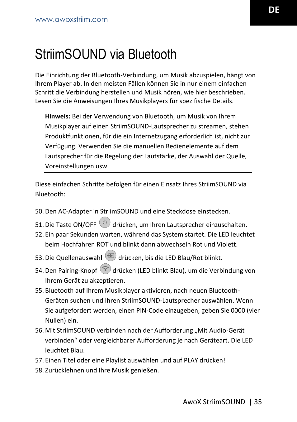 Striimsound via bluetooth | AwoX StriimSOUND User Manual | Page 35 / 48