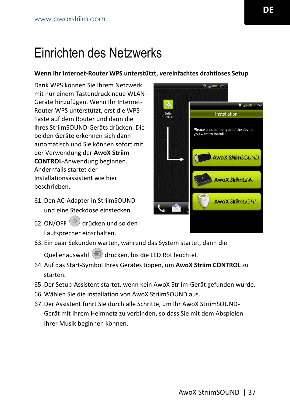 Einrichten des netzwerks | AwoX StriimSOUND User Manual | Page 37 / 48