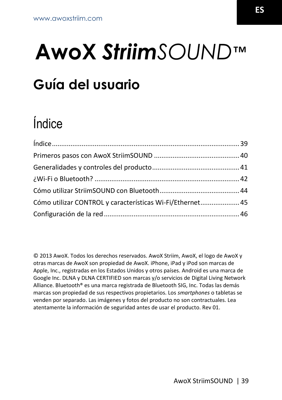 Awox striim sound, Guía del usuario índice | AwoX StriimSOUND User Manual | Page 39 / 48
