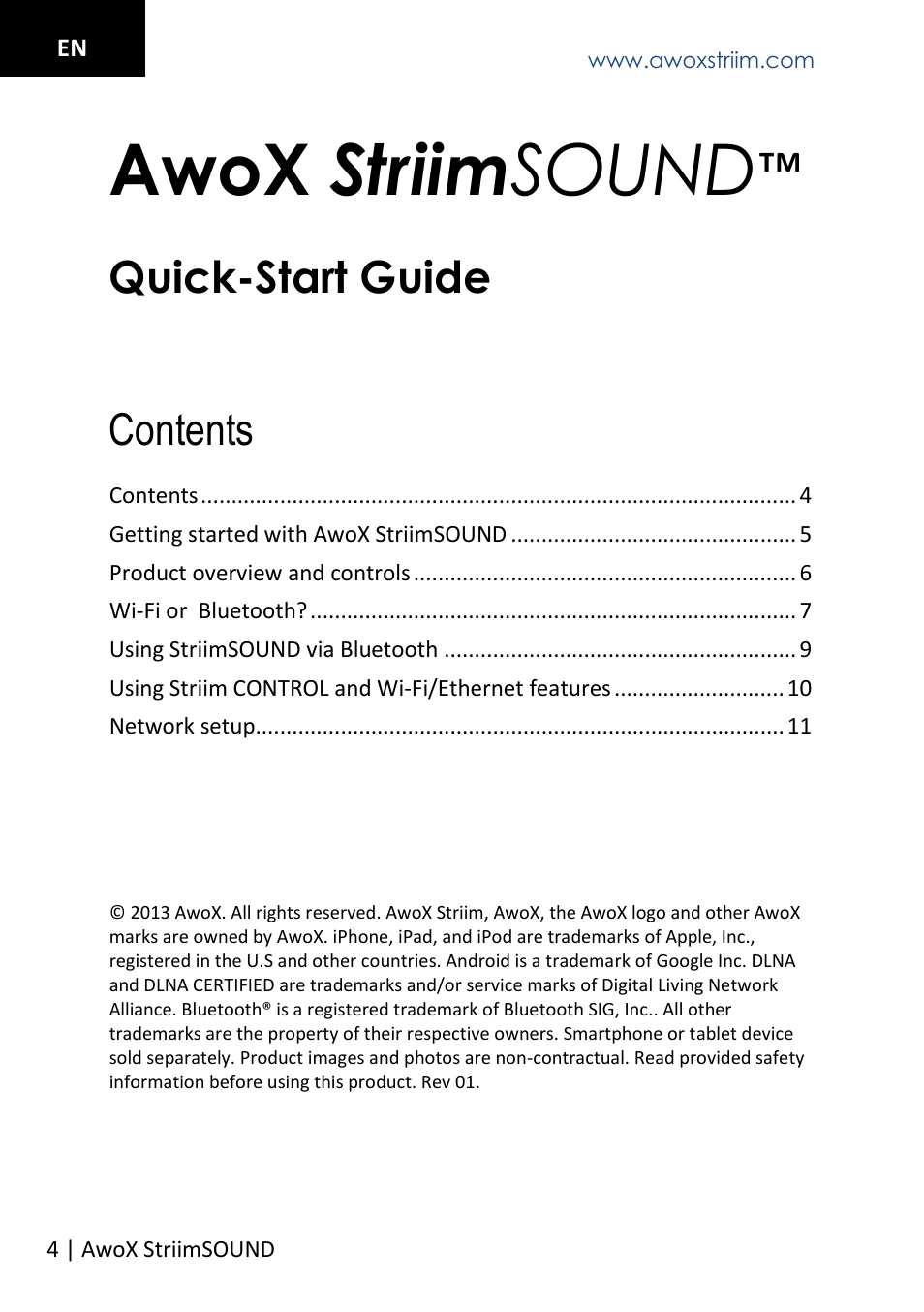Awox striim sound, Quick-start guide contents | AwoX StriimSOUND User Manual | Page 4 / 48