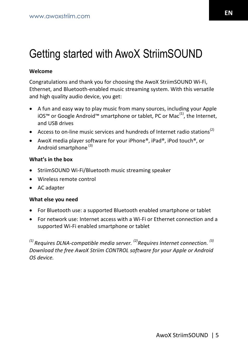 Getting started with awox striimsound | AwoX StriimSOUND User Manual | Page 5 / 48