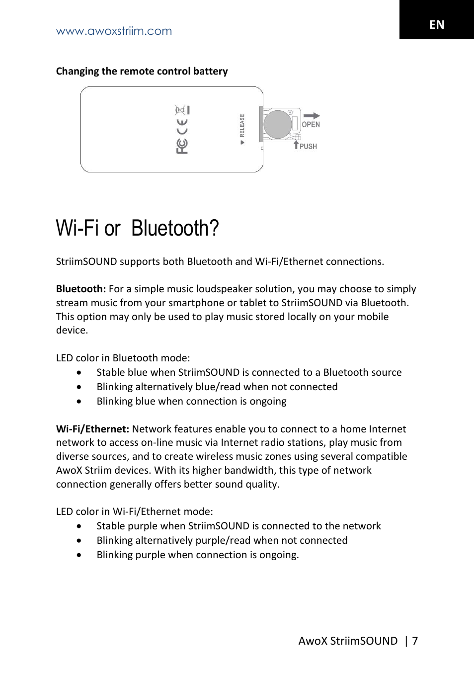 Wi-fi or bluetooth | AwoX StriimSOUND User Manual | Page 7 / 48