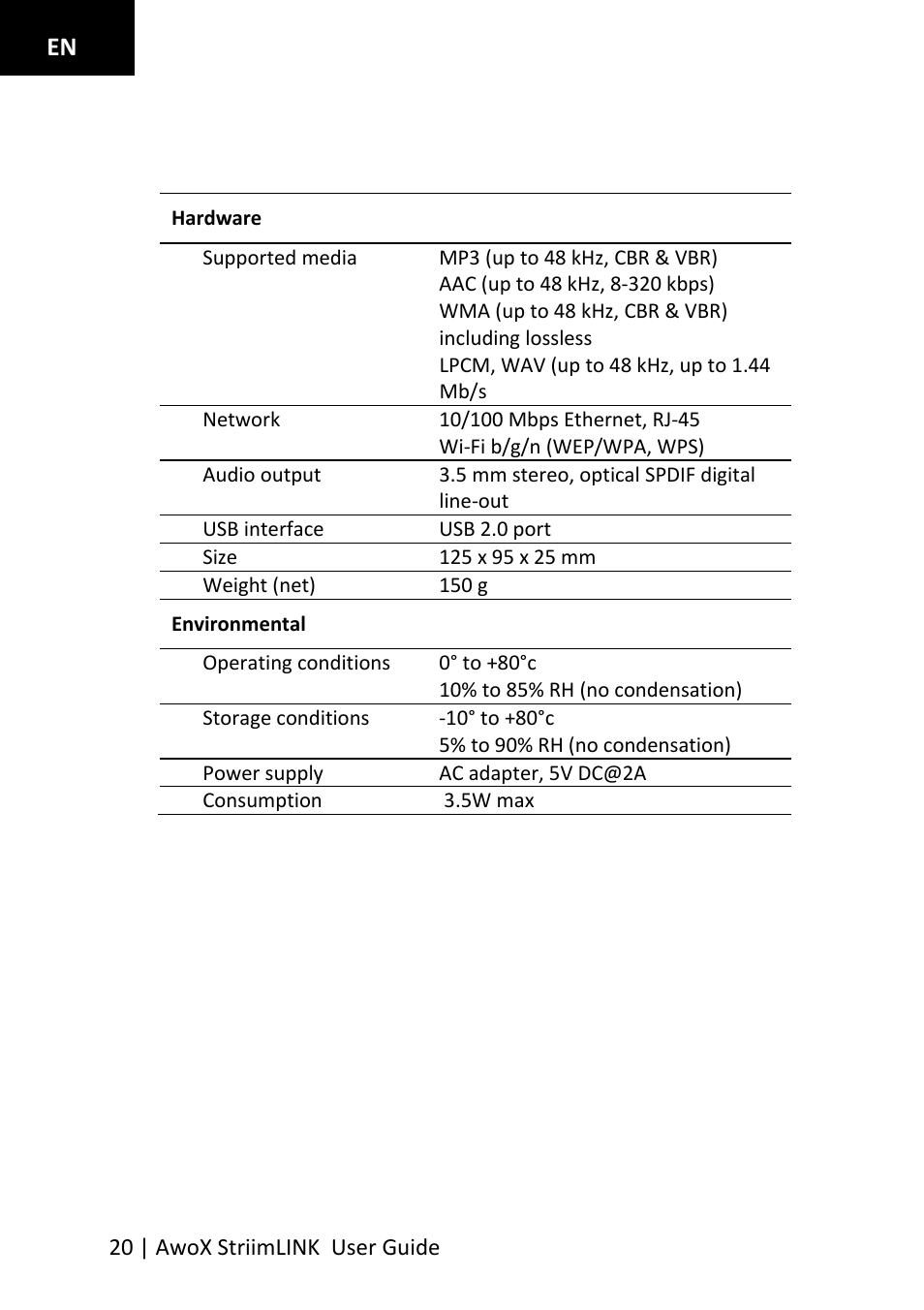 Technical specifications | AwoX StriimLINK User Manual | Page 20 / 23