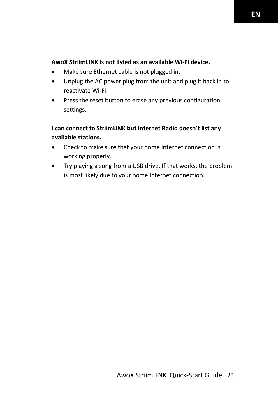 Troubleshooting | AwoX StriimLINK User Manual | Page 21 / 23