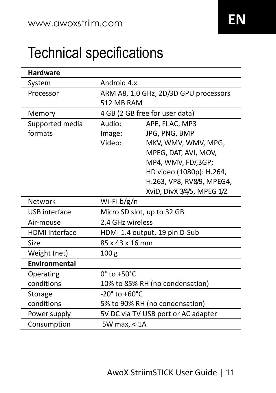 Technical specifications, En technical specifications | AwoX StriimSTICK User Manual | Page 12 / 13