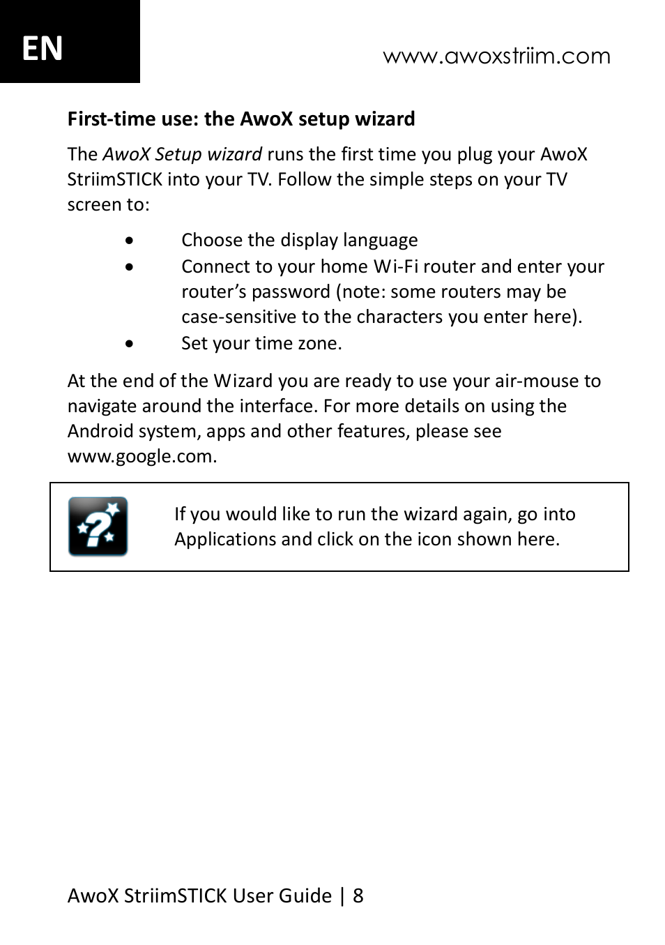 Awox stiimstick applications | AwoX StriimSTICK User Manual | Page 9 / 13