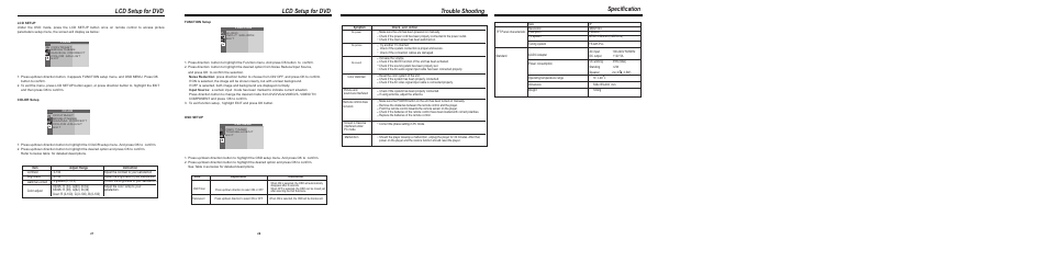 Trouble shooting, Specification, Lcd setup for dvd | COBY TF-DVD1570 User Manual | Page 6 / 6