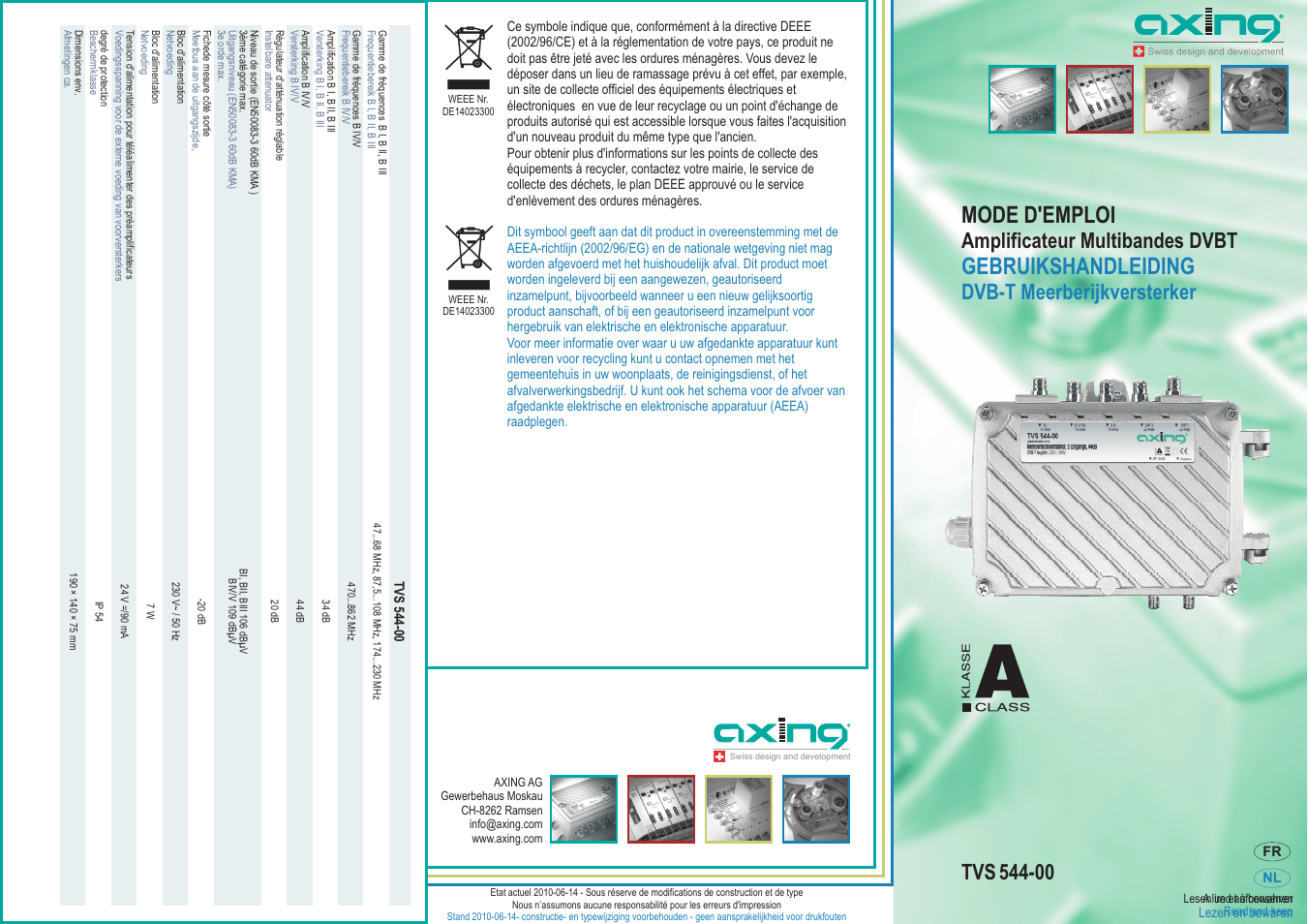 Mode d'emploi, Gebruikshandleiding, Amplificateur multibandes dvbt | Dvb-t meerberijkversterker | AXING TVS 544-00 User Manual | Page 3 / 4