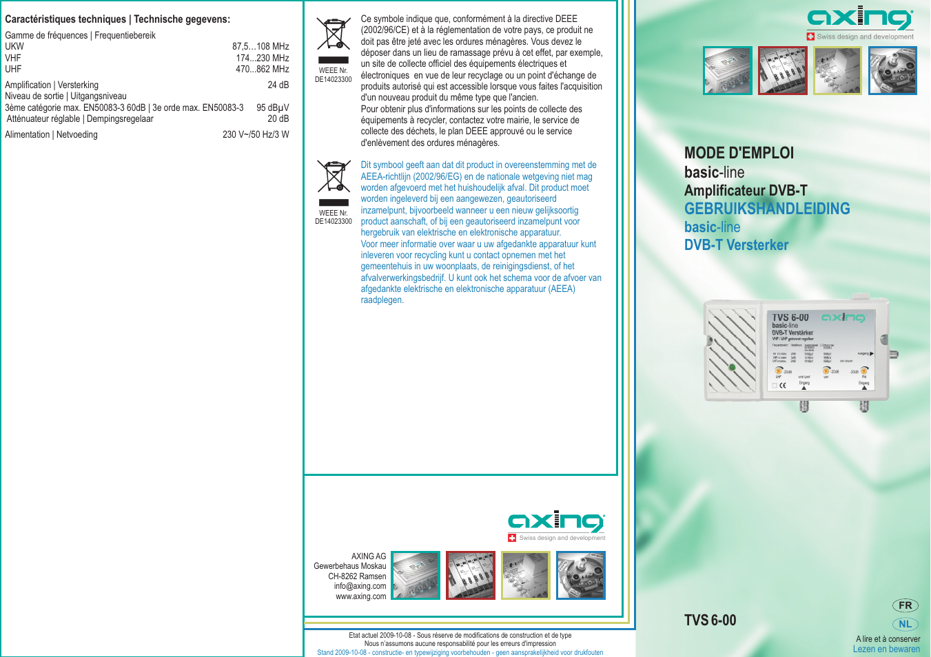 Mode d'emploi basic -line, Gebruikshandleiding, Tvs 6-00 | Amplificateur dvb-t, Basic dvb-t versterker -line | AXING TVS 6-00 User Manual | Page 3 / 4