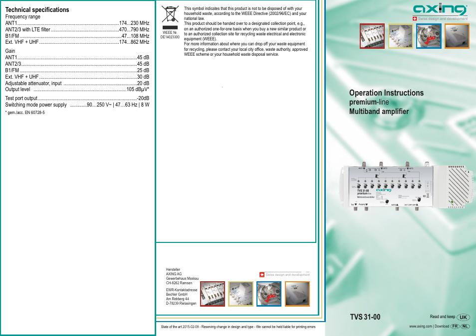 Seite 4, Operation instructions, Tvs 31-00 | Premium -line multiband amplifier, Technical specifications | AXING TVS 31-00 User Manual | Page 3 / 8