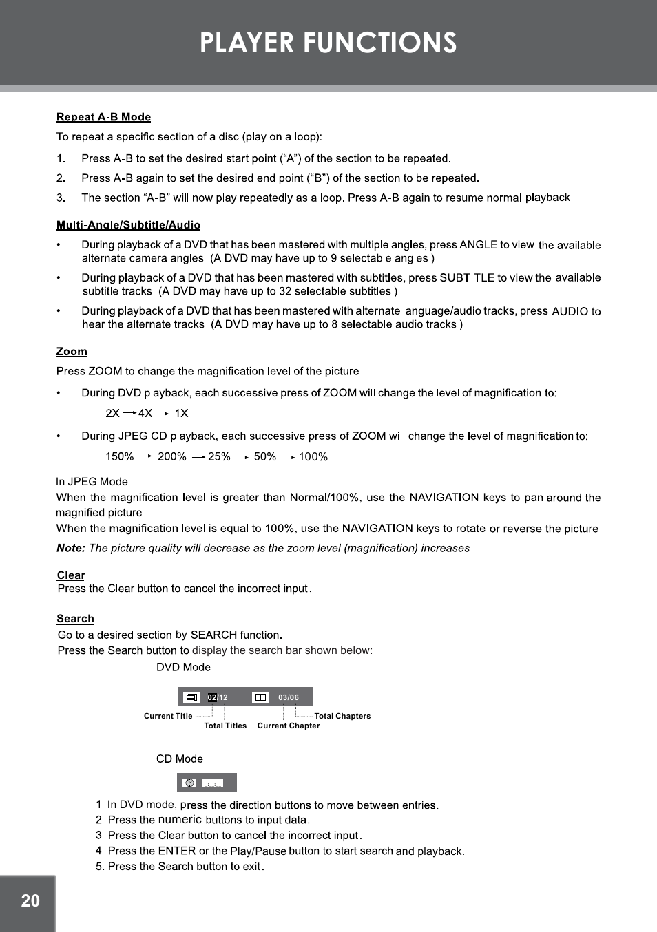 Player functions | COBY TFDVD7052 User Manual | Page 20 / 28