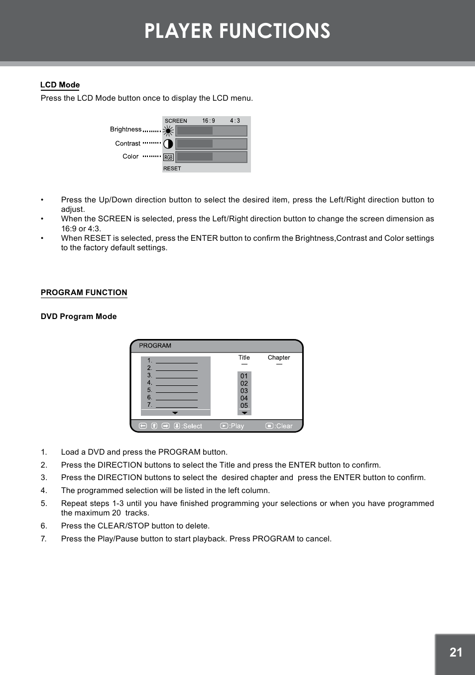 Player functions | COBY TFDVD7052 User Manual | Page 21 / 28