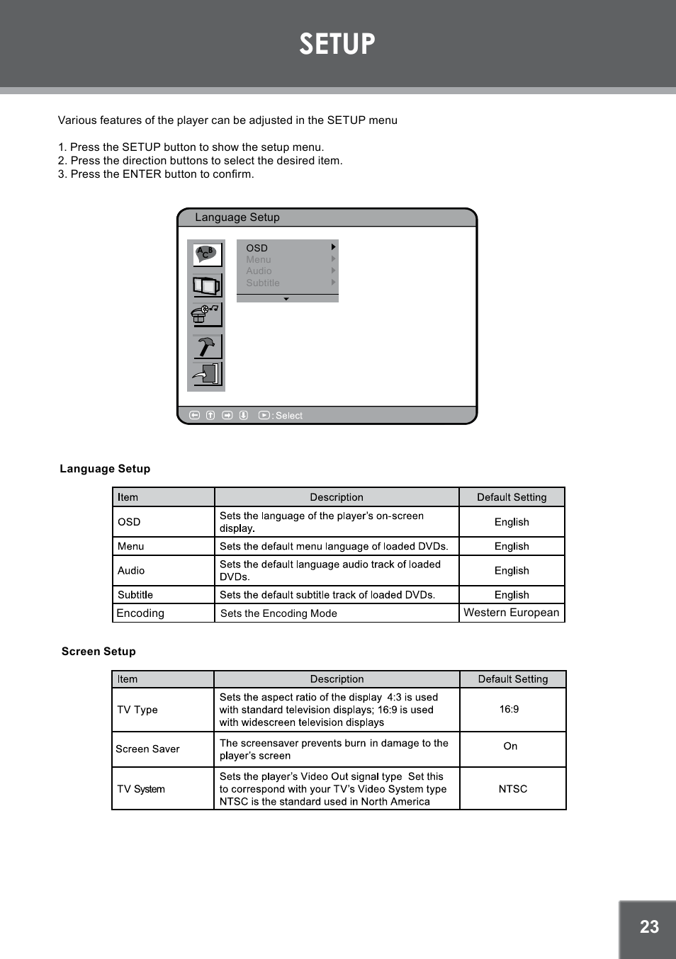 Setup | COBY TFDVD7052 User Manual | Page 23 / 28