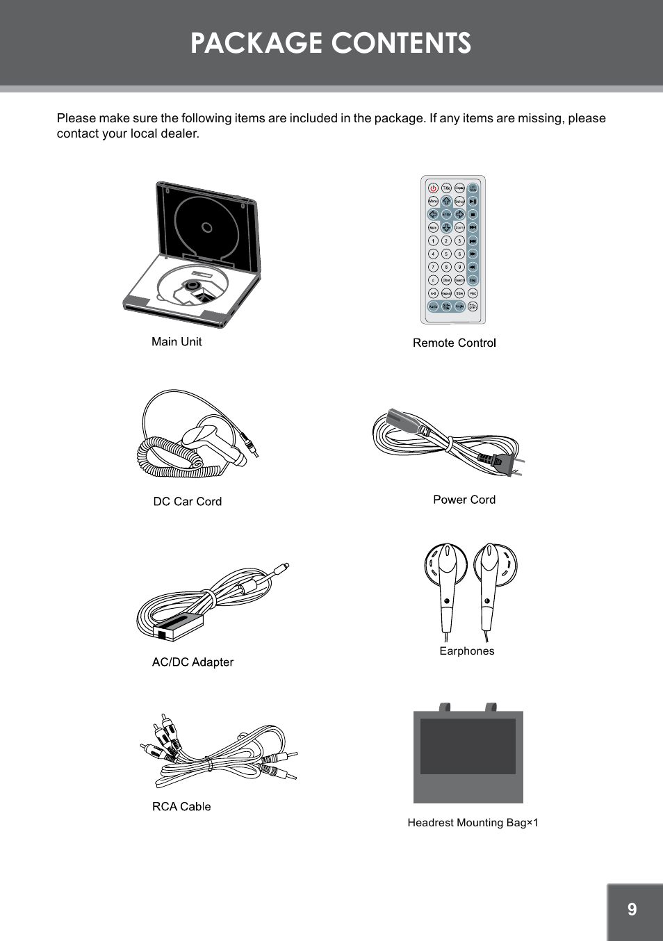 Package contents | COBY TFDVD7052 User Manual | Page 9 / 28