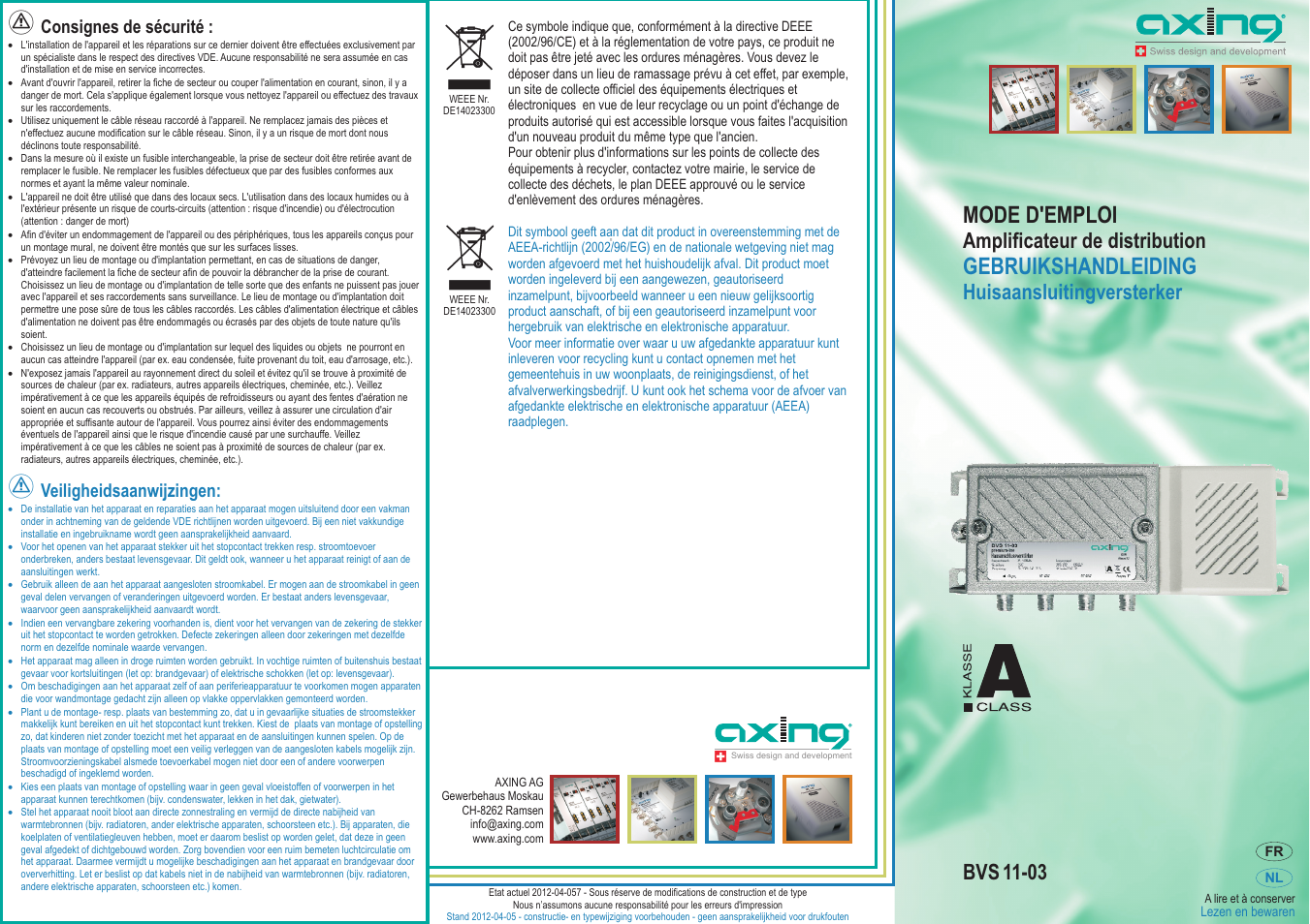 Mode d'emploi, Gebruikshandleiding, Amplificateur de distribution | Huisaansluitingversterker, Bvs 11-03, Consignes de sécurité, Veiligheidsaanwijzingen | AXING BVS 11-03 User Manual | Page 3 / 4