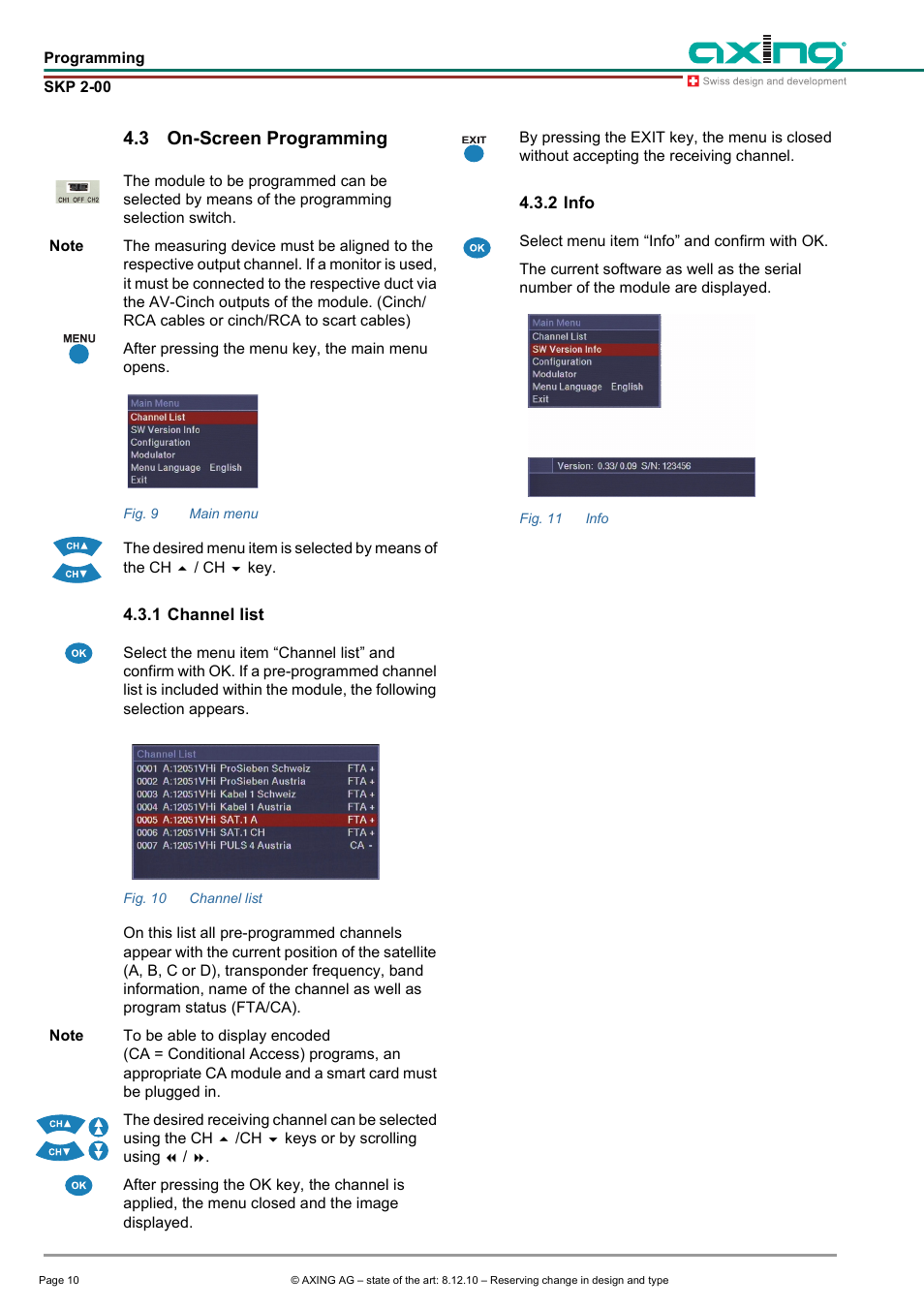 3 on-screen programming, 1 channel list, 2 info | On-screen programming, 1 channel list 4.3.2 info | AXING SKP 2-00 User Manual | Page 10 / 20