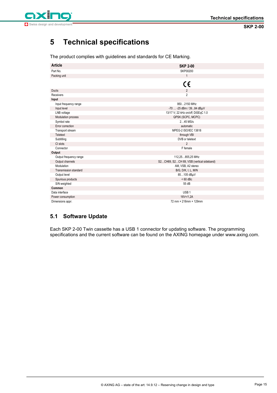 5 technical specifications, 1 software update, Technical specifications | Software update, 5technical specifications | AXING SKP 2-00 User Manual | Page 15 / 20