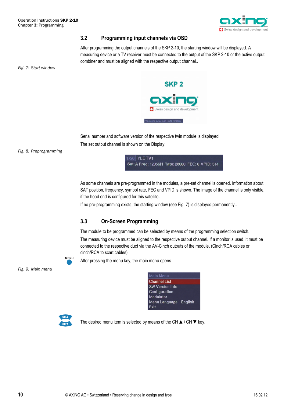 2 programming input channels via osd, 3 on-screen programming | AXING SKP 2-10 User Manual | Page 10 / 20