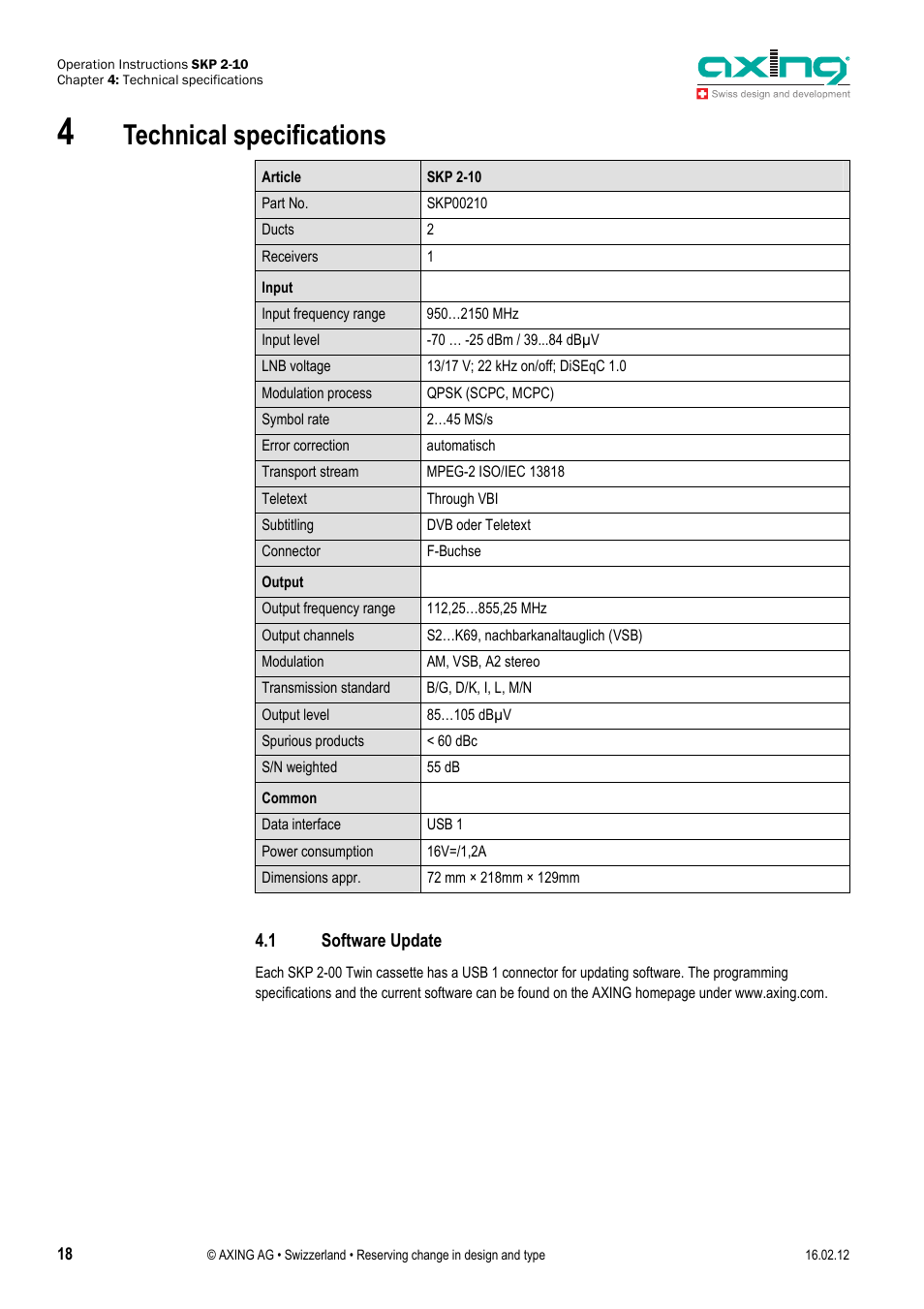 Technical specifications, 1 software update | AXING SKP 2-10 User Manual | Page 18 / 20