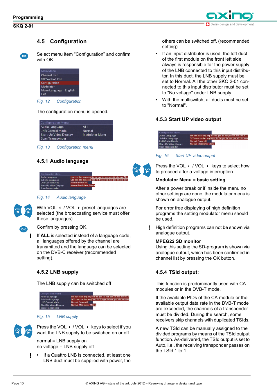 5 configuration, 1 audio language, 2 lnb supply | 3 start up video output, 4 tsid output, Configuration | AXING SKQ 2-01 User Manual | Page 10 / 18