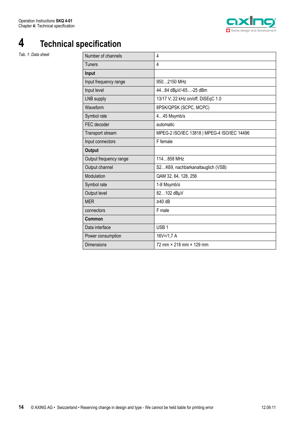 Technical specification | AXING SKQ 4-01 User Manual | Page 14 / 16
