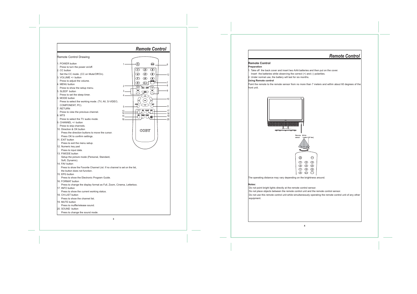 Mode return, Remote control | COBY TF-TV1913 User Manual | Page 4 / 9