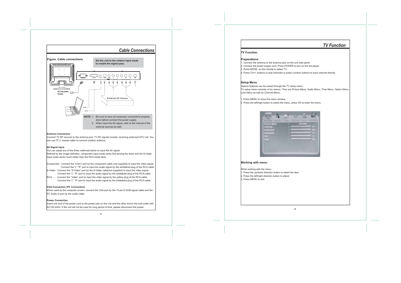 Tv function, Cable connections | COBY TF-TV1913 User Manual | Page 5 / 9