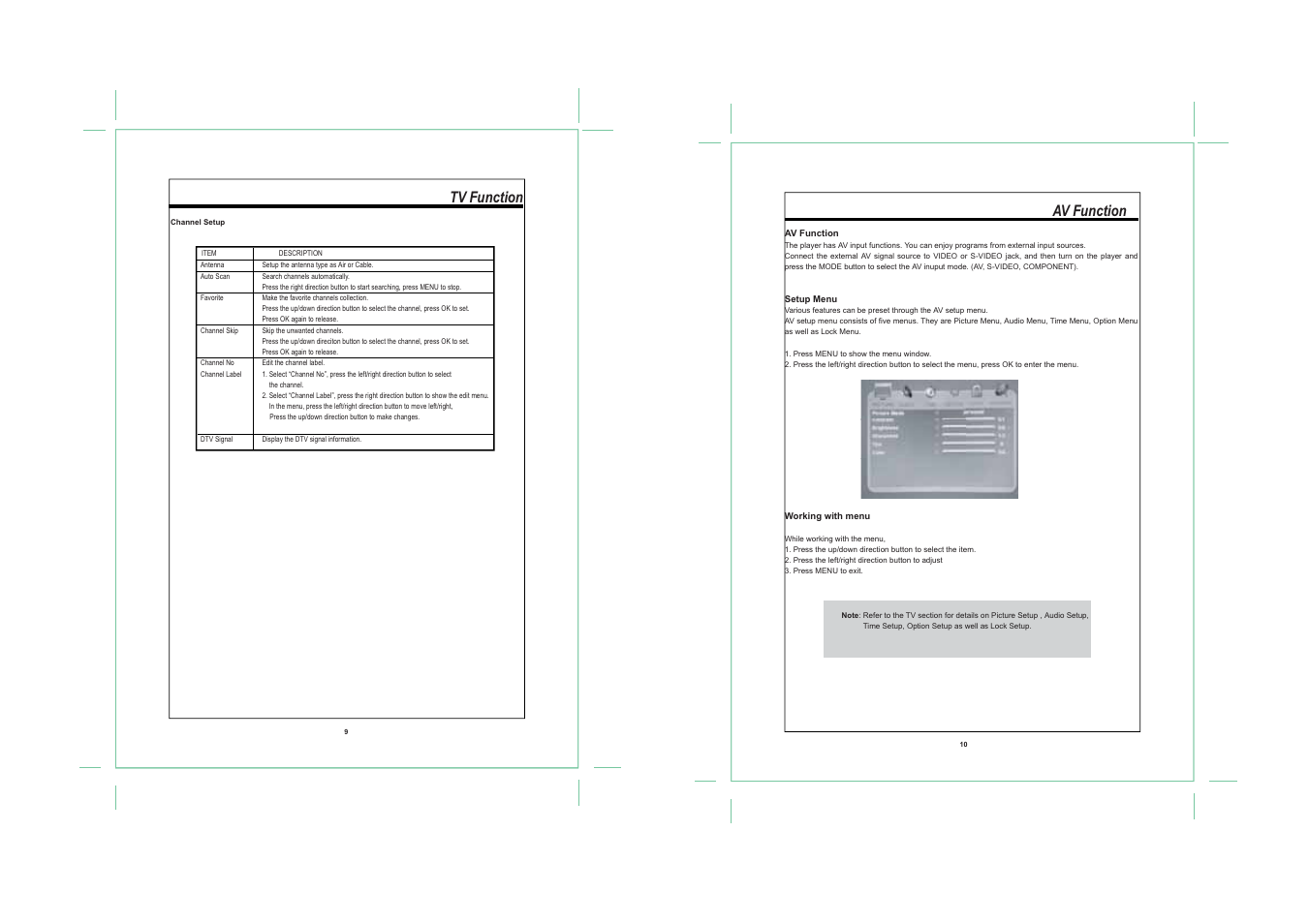 Av function, Tv function | COBY TF-TV1913 User Manual | Page 7 / 9