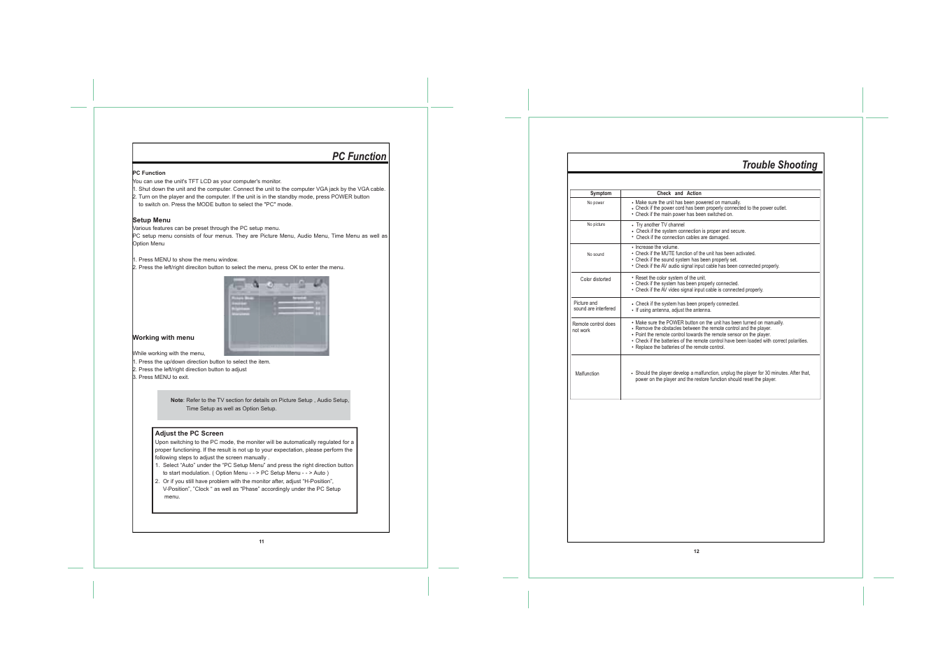 Trouble shooting, Pc function | COBY TF-TV1913 User Manual | Page 8 / 9