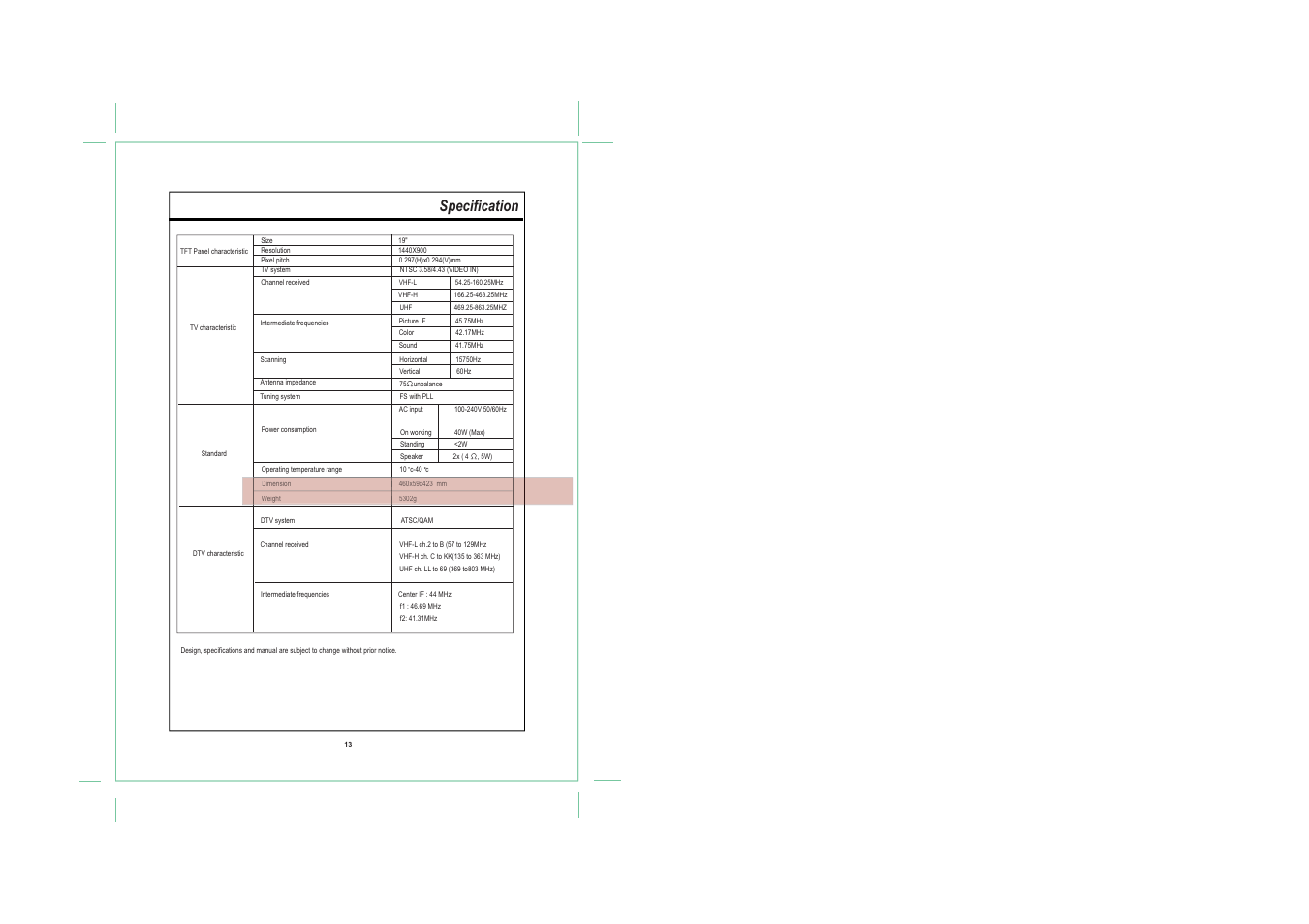 Specification | COBY TF-TV1913 User Manual | Page 9 / 9