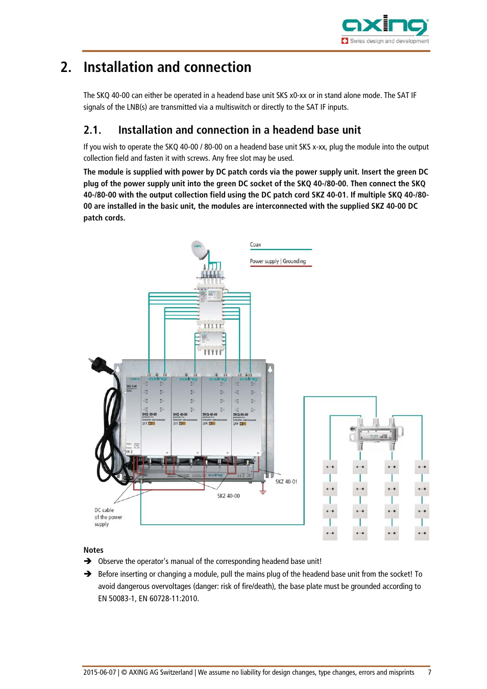 Installation and connection, Installation and connection in a headend base unit | AXING SKQ-40-0x User Manual | Page 7 / 19