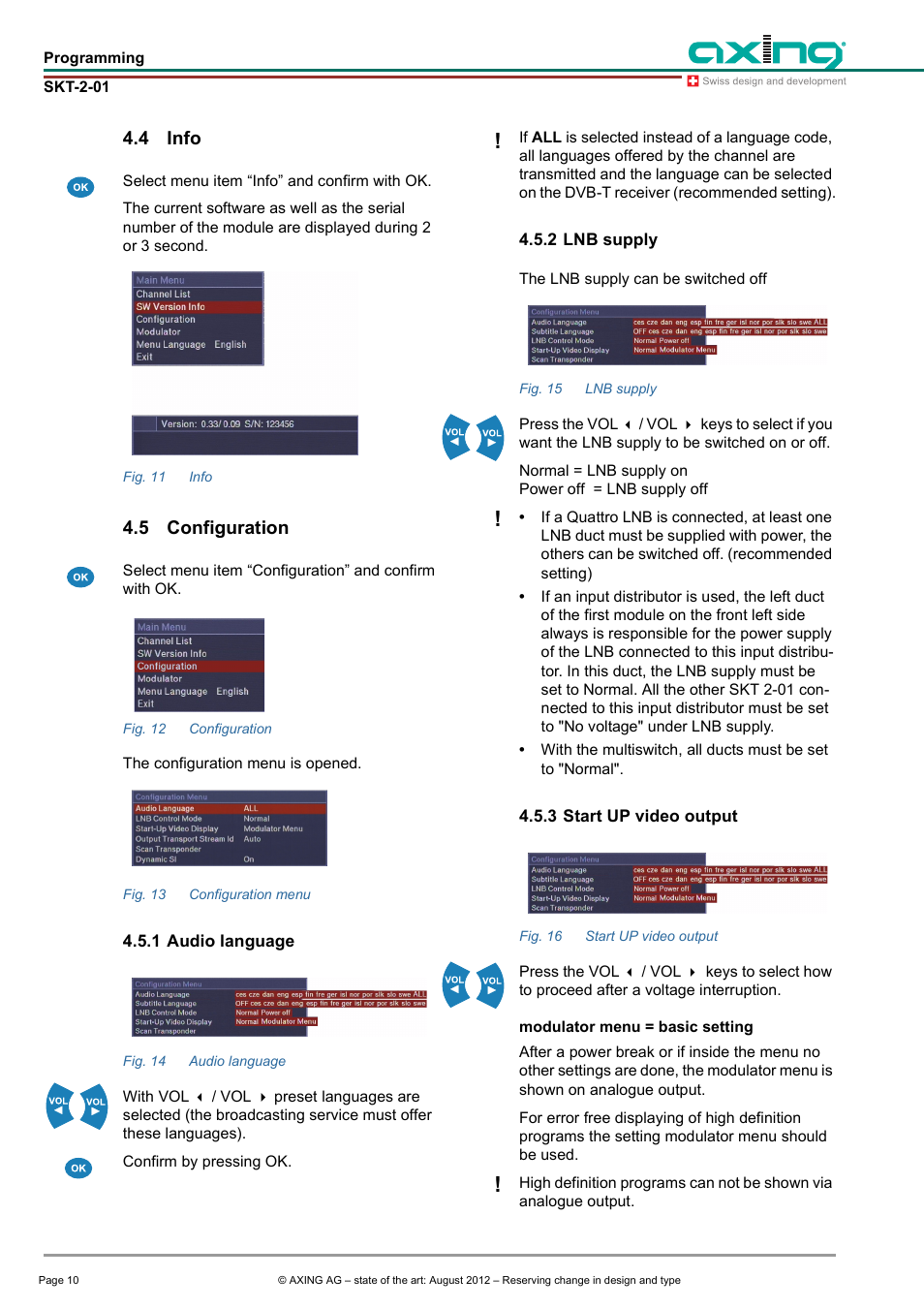 4 info, 5 configuration, 1 audio language | 2 lnb supply, 3 start up video output, Info, Configuration | AXING SKT 2-01 User Manual | Page 10 / 18