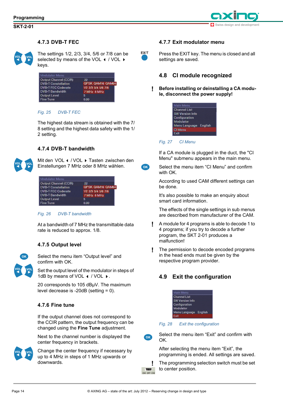 3 dvb-t fec, 4 dvb-t bandwidth, 5 output level | 6 fine tune, 7 exit modulator menu, 8 ci module recognized, 9 exit the configuration, Ci module recognized, Exit the configuration | AXING SKT 2-01 User Manual | Page 14 / 18