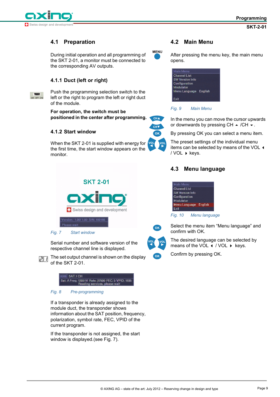 1 preparation, 1 duct (left or right), 2 start window | 2 main menu, 3 menu language, Preparation, 1 duct (left or right) 4.1.2 start window 4.2, Main menu, Menu language | AXING SKT 2-01 User Manual | Page 9 / 18