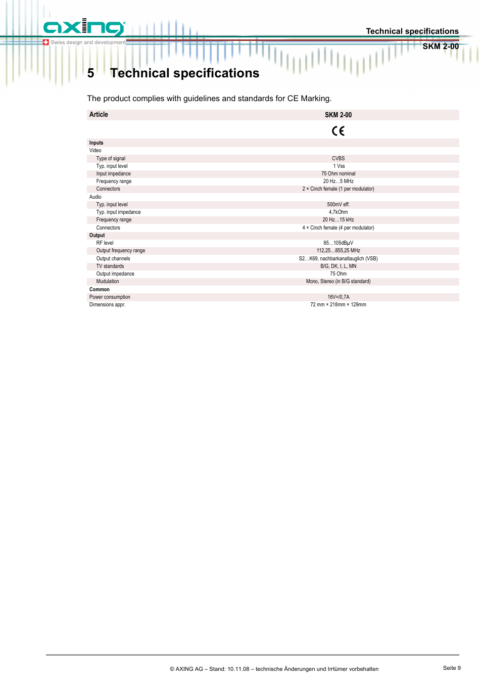 5 technical specifications, 5technical specifications | AXING SKM 2-00 User Manual | Page 9 / 10